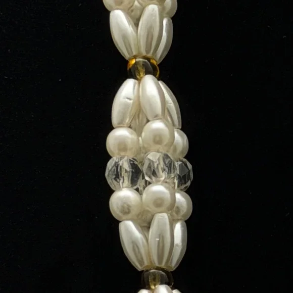 Vintage Faux Pearl and Crystal Beaded Tassel Necklace Opera Length Cream Gold - Picture 3 of 9